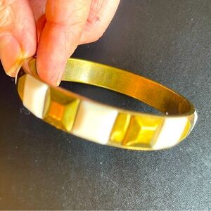 brass bangle bracelet ethnic vintage white & gold squares 3" diameter